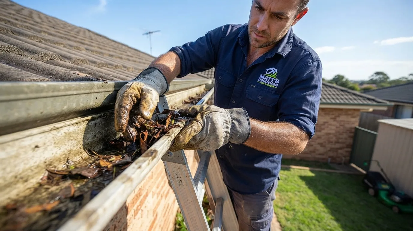 Matt’s Handyman and Mowing completing residential gutter cleaning work