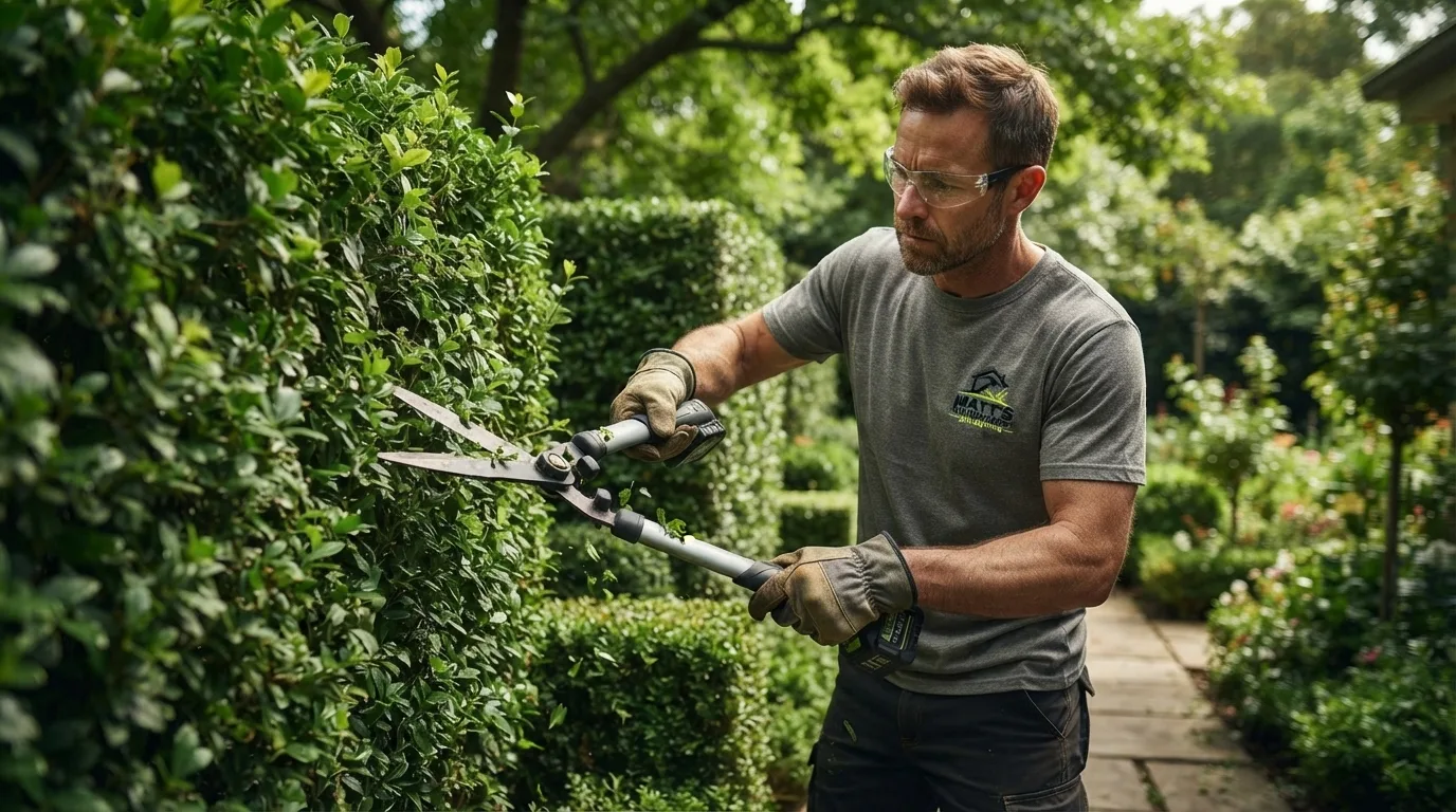 Trimming a residential garden hedge