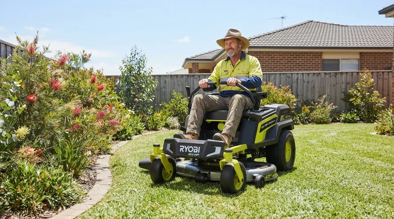 A team member mowing a backyard in Winston Hills